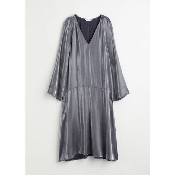 NWT H&M Metallic Gray Silver Shimmer V Neck Peasant Midi Dress Long Sleeve Small - Picture 1 of 15